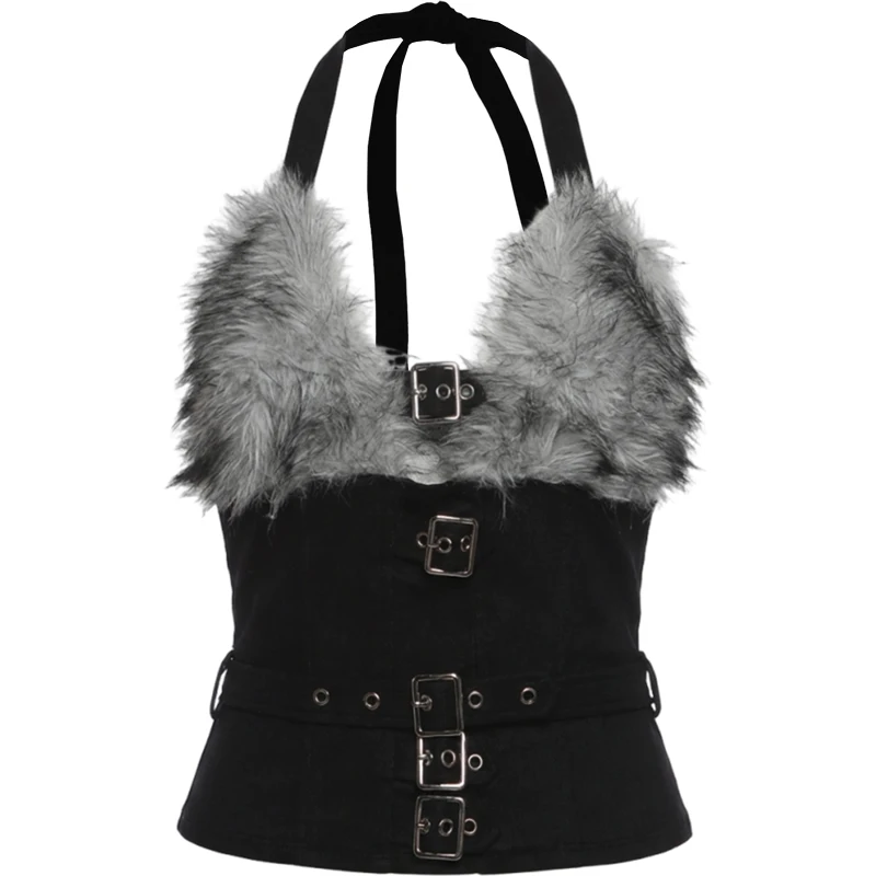 Weird Puss Hottie Hipster 2-Piece Set Women Halter Lace-Up Furry Patchwork Backless Vest+Irregular Sashes Shorts Sexy Clubwear