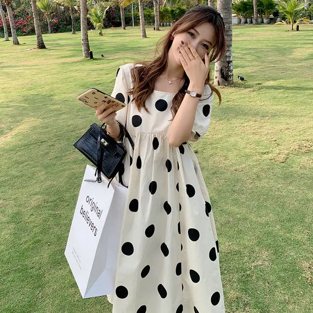 Maternity Summer Dress Fashionable Mid-Length Outfit Women's Clothing Korean Style Loose Waist Short Sleeve Polka Dot Print - 3