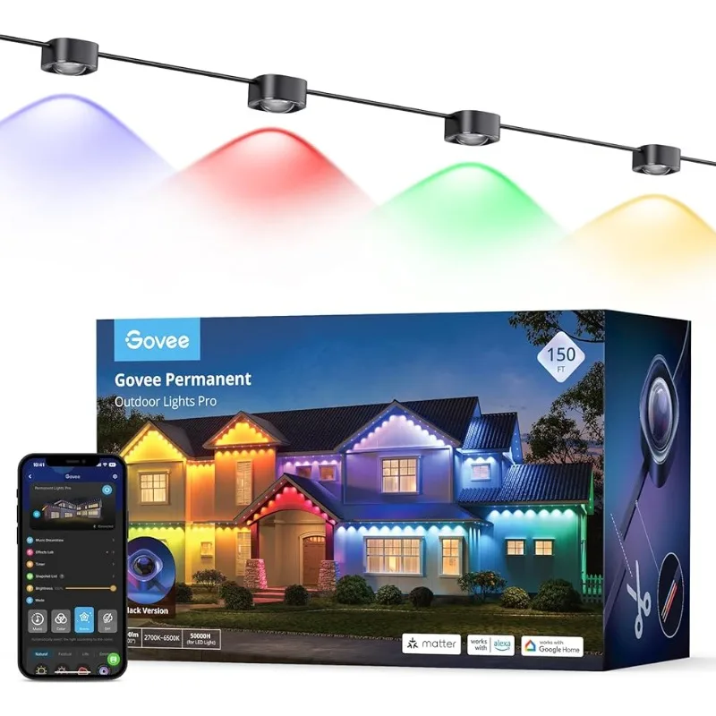 

Permanent Outdoor Lights Pro, 150ft with 90 RGB LED Lights for Daily and Accent Lighting, 75 Scene Modes for Easter, IP67 Black