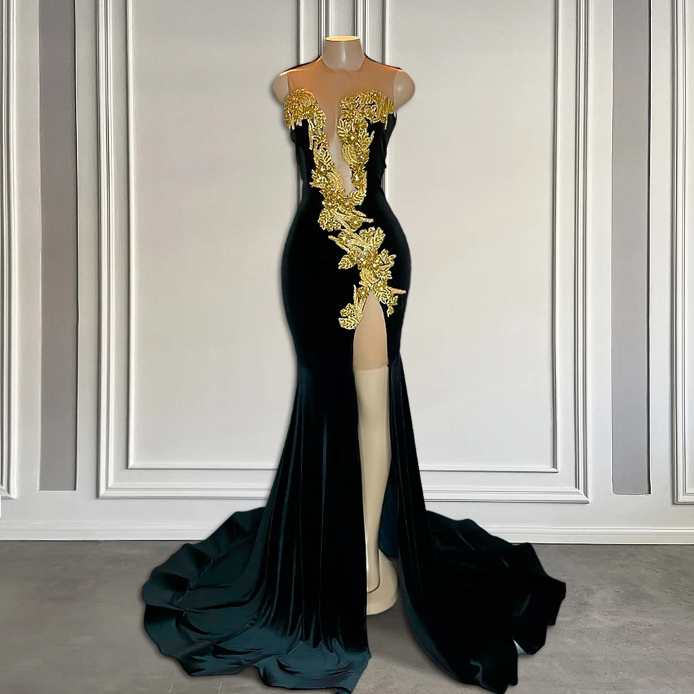 

Sexy High Slit Black Velvet Long Prom Dress 2024 Sparkly Lace Beaded Black Girls Mermaid Prom Gala Party Gowns