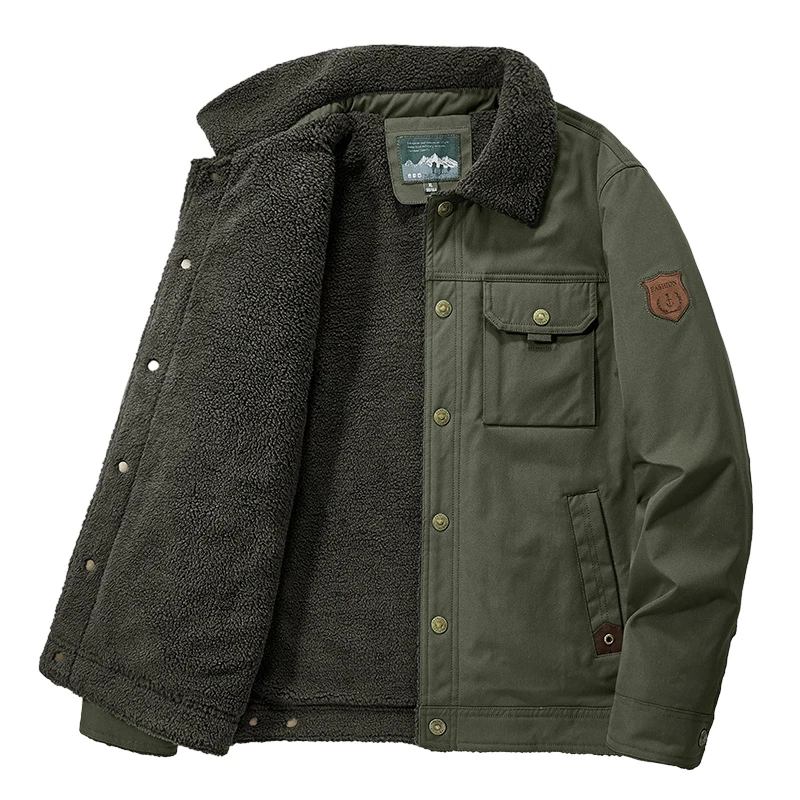 Men's Lapel Thicken Plush Jacket Pilot Military Jacket Button Embroidered Coat Oversized Casual Army Bomber Tactical Jackets
