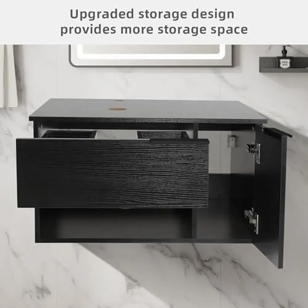 Black Wall Mounted Bathroom Vanity Cabinet Set with Glass Sink and Faucet Modern Design Extra Storage Space Easy Installation