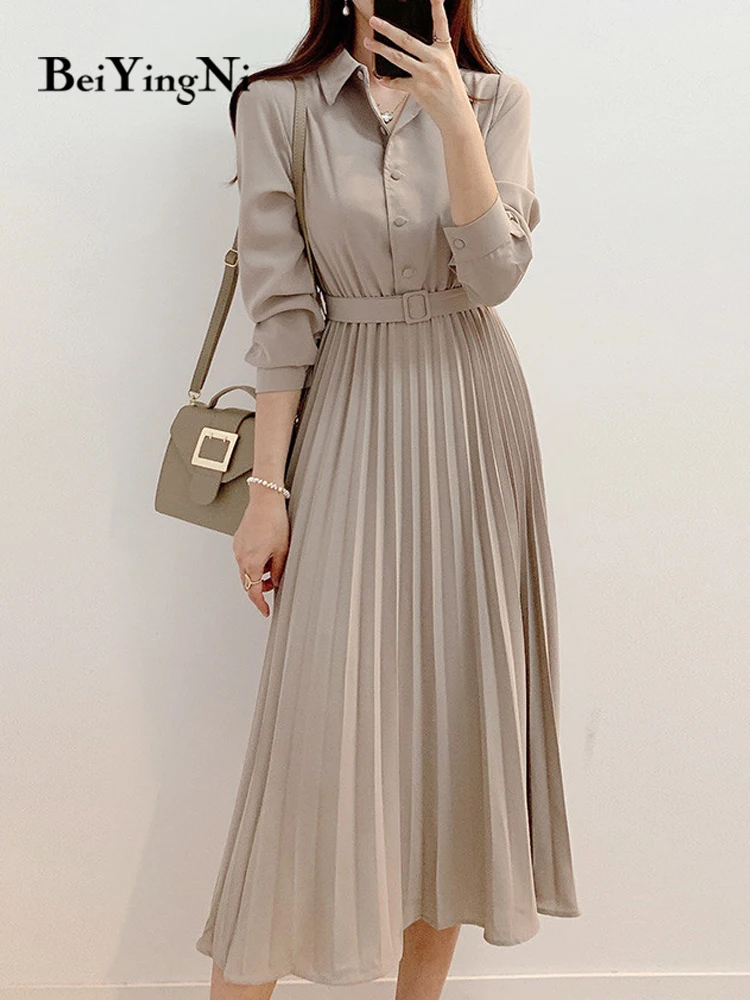 Женское плиссированное платье миди Beiyingni с длинным рукавом, винтажное шикарное офисное платье на пуговицах с поясом, офисное платье с высокой талией