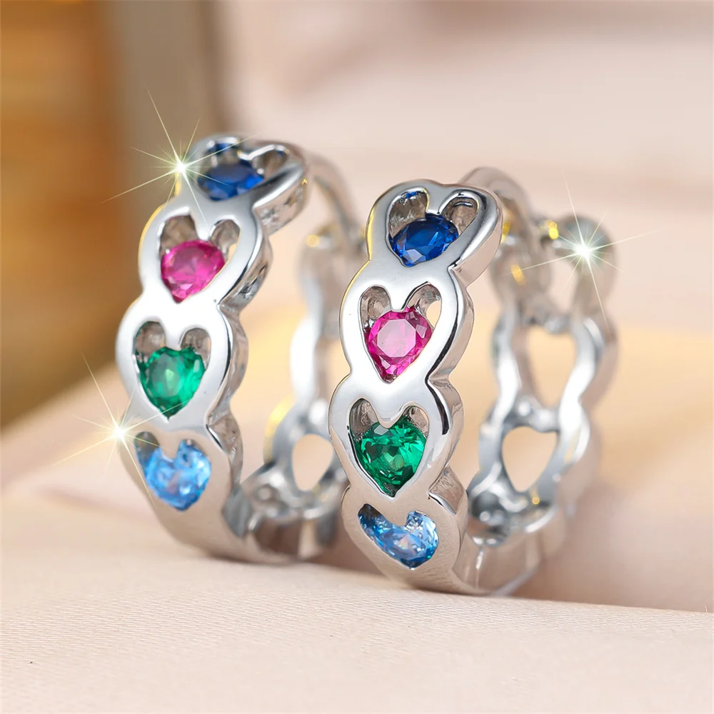 Single Row Love Heart Rainbow Crystal Hoop Earrings For Women Vintage Gold Silver Color Ear Buckle Wedding Jewelry Bridal Gifts