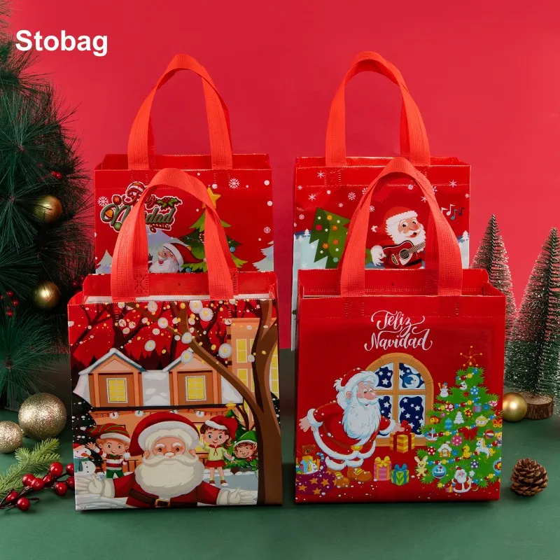 

StoBag 12pcs Merry Christmas Non-woven Bags Gift Candy Package Tote Fabric Cloth Waterproof Storage Reusable Pouch Party Favors
