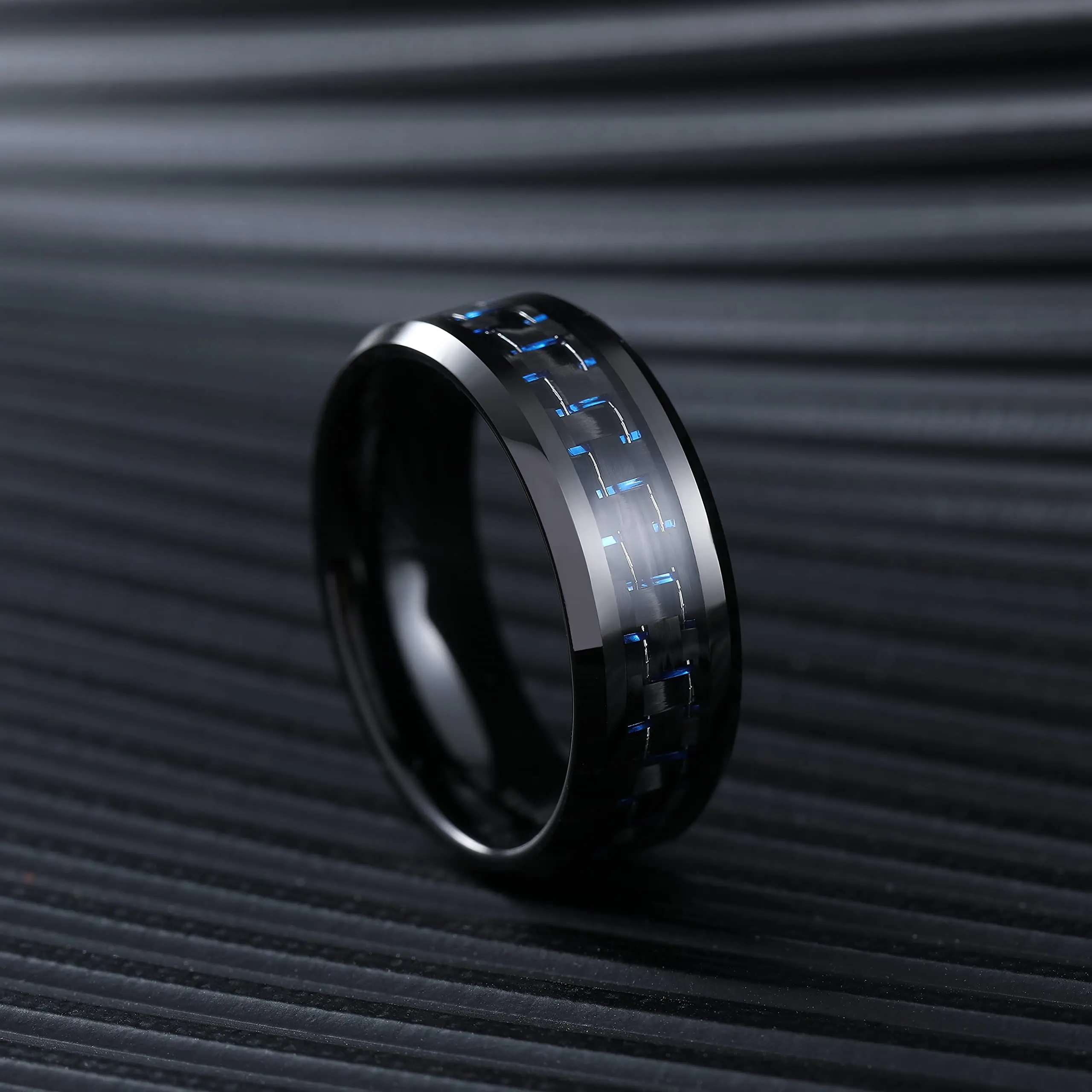 Timeless Titanium Stainless Steel Ring with Black and Blue Carbon Fiber Inlay – Elegant Men's Wedding Band and Gift Accessory
