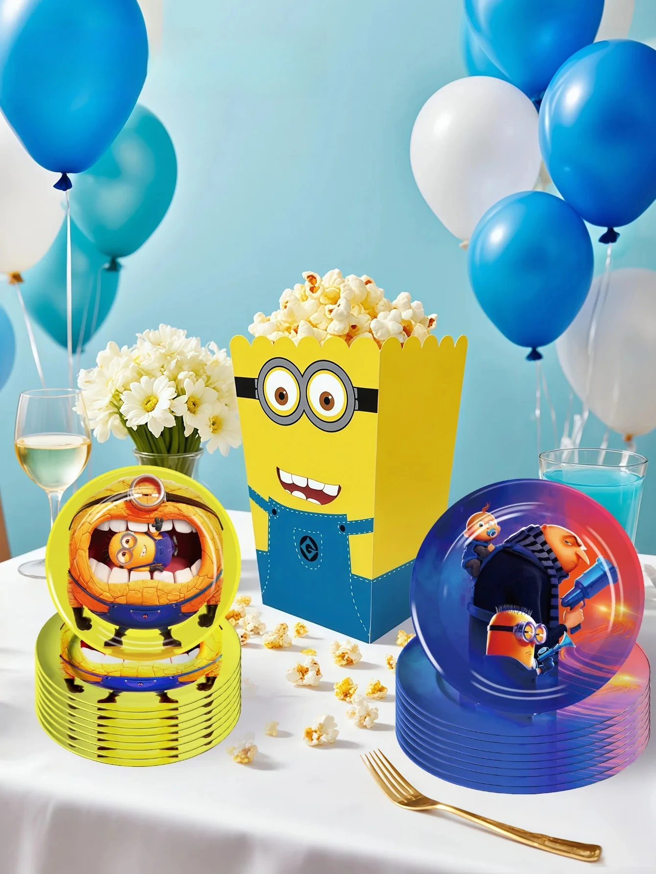 10/12 PCS 포트데미엘 생일 파티 용품, 팝콘 통, 휴일 파티 종이 접시, 파..