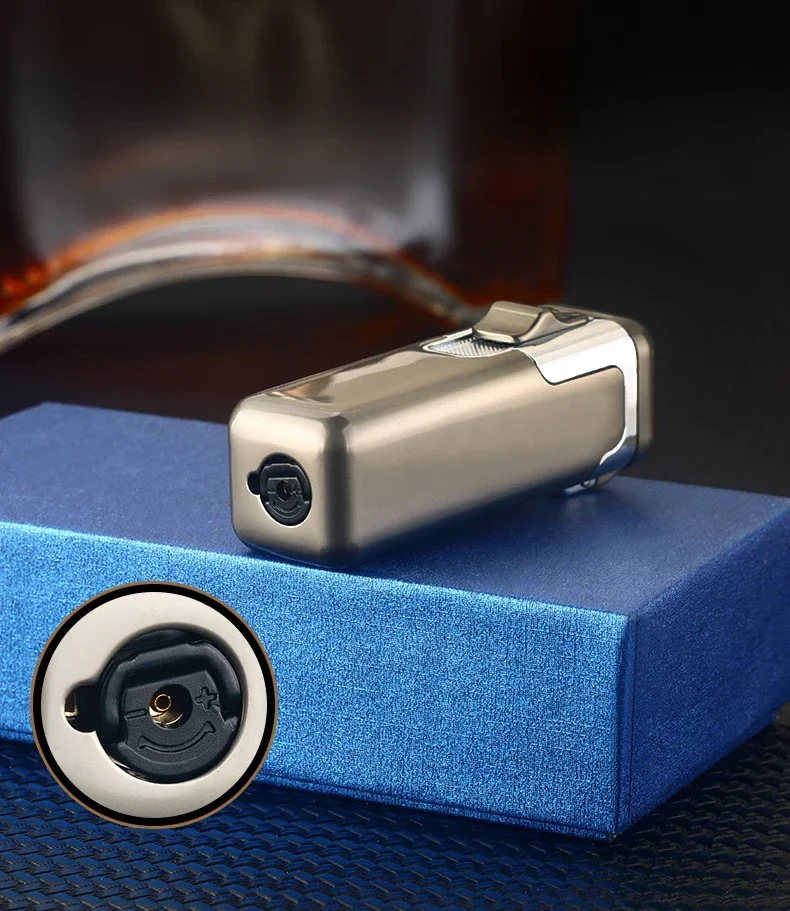 Description Picture 6 of itemCreative Strong Firepower Butane Gas Lighter Turbo 4 Torch Blue Flame High Pressure Jet Straight Cycle Cigar Lighter Men's Gift