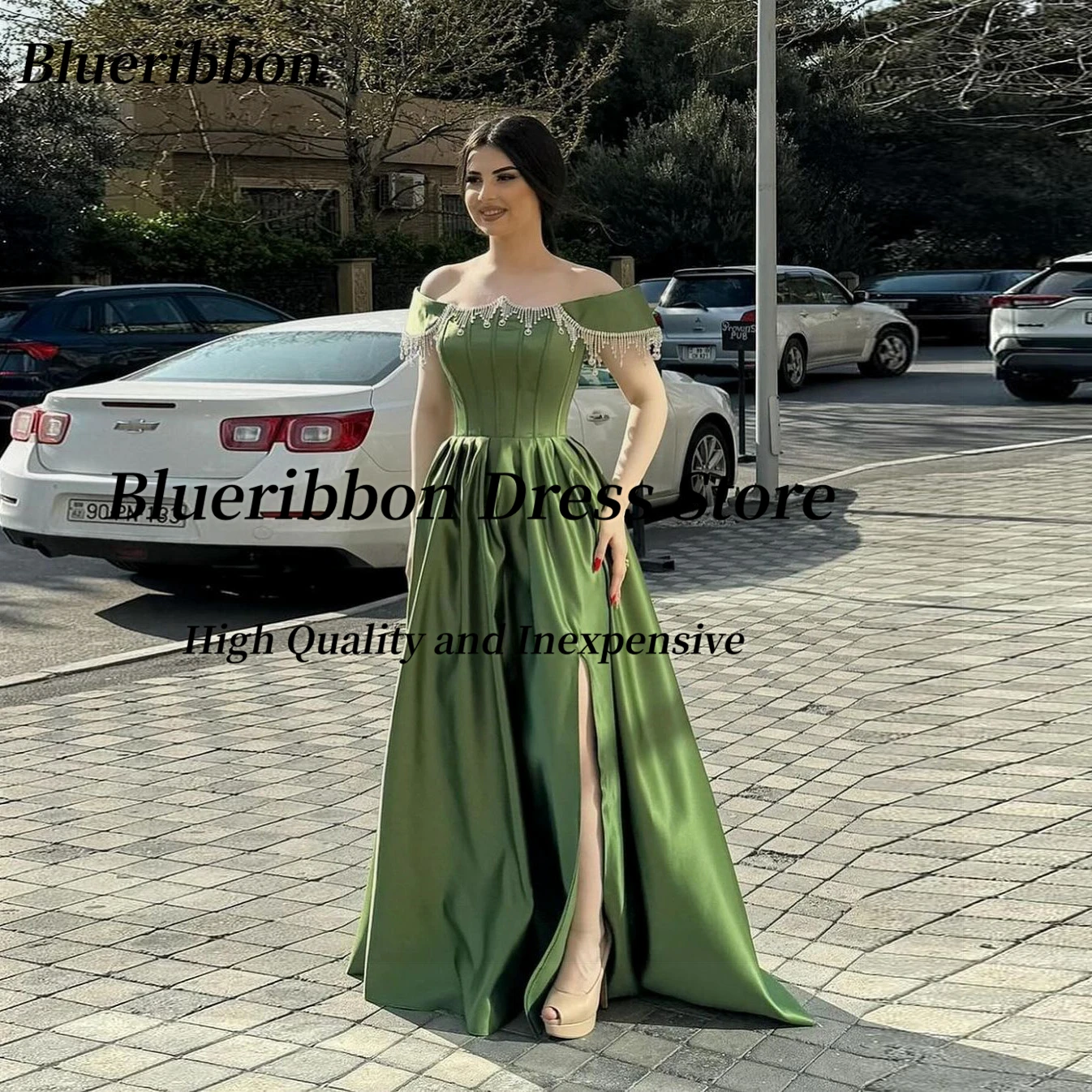 

Blueribbon Off Shoulder Prom Dresses Beading Tassels Bateau Neck Evening Gowns Ruched Satin Side Slit Wedding Party A Line Dress