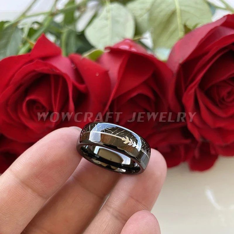 Black Meteorite Wood Steel Arrow Inlay Black Tungsten Carbide Ring Men Women Wedding Dome Band Comfort Fit Polished