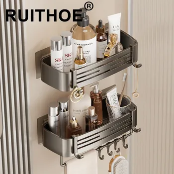 Mensola da bagno senza perforazione per doccia mensola da bagno in alluminio appendiabiti con ganci organizzatore da bagno appeso al muro 1
