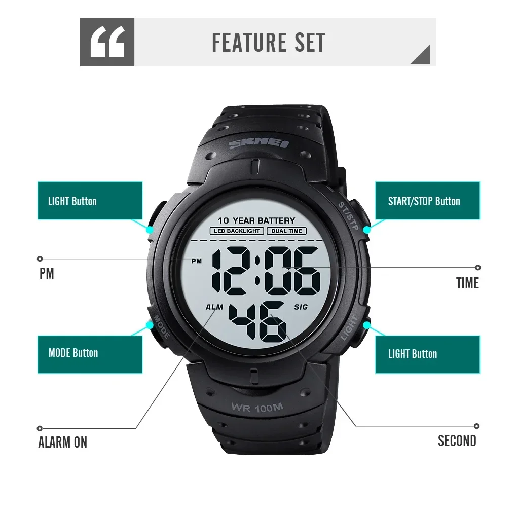 SKMEI 1560 Mens Digital 100M Waterproof Wrist Watch  Men 2 Time 10 Year Battery Alarm Clock reloj hombre Sport Fitness Watches 5