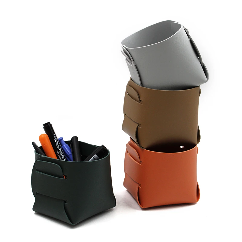 Office Desk Leather Storage Bucket, Miscellaneous Storage Box, Pen Holder - immagine 2