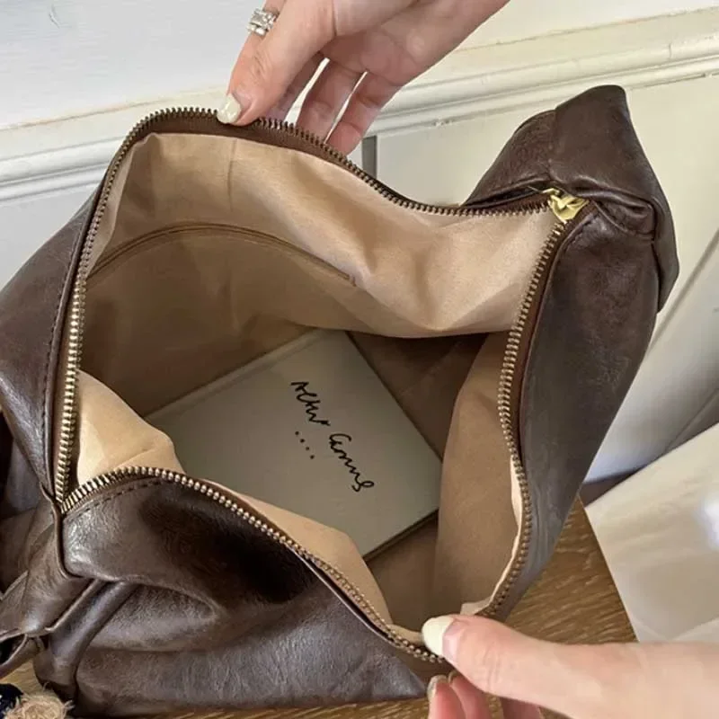 PU Leather Commuter Fashion Vintage Casual Tote Bag Maillard Stylish Crossbody Bags for Women Texture Large Capacity Temperament