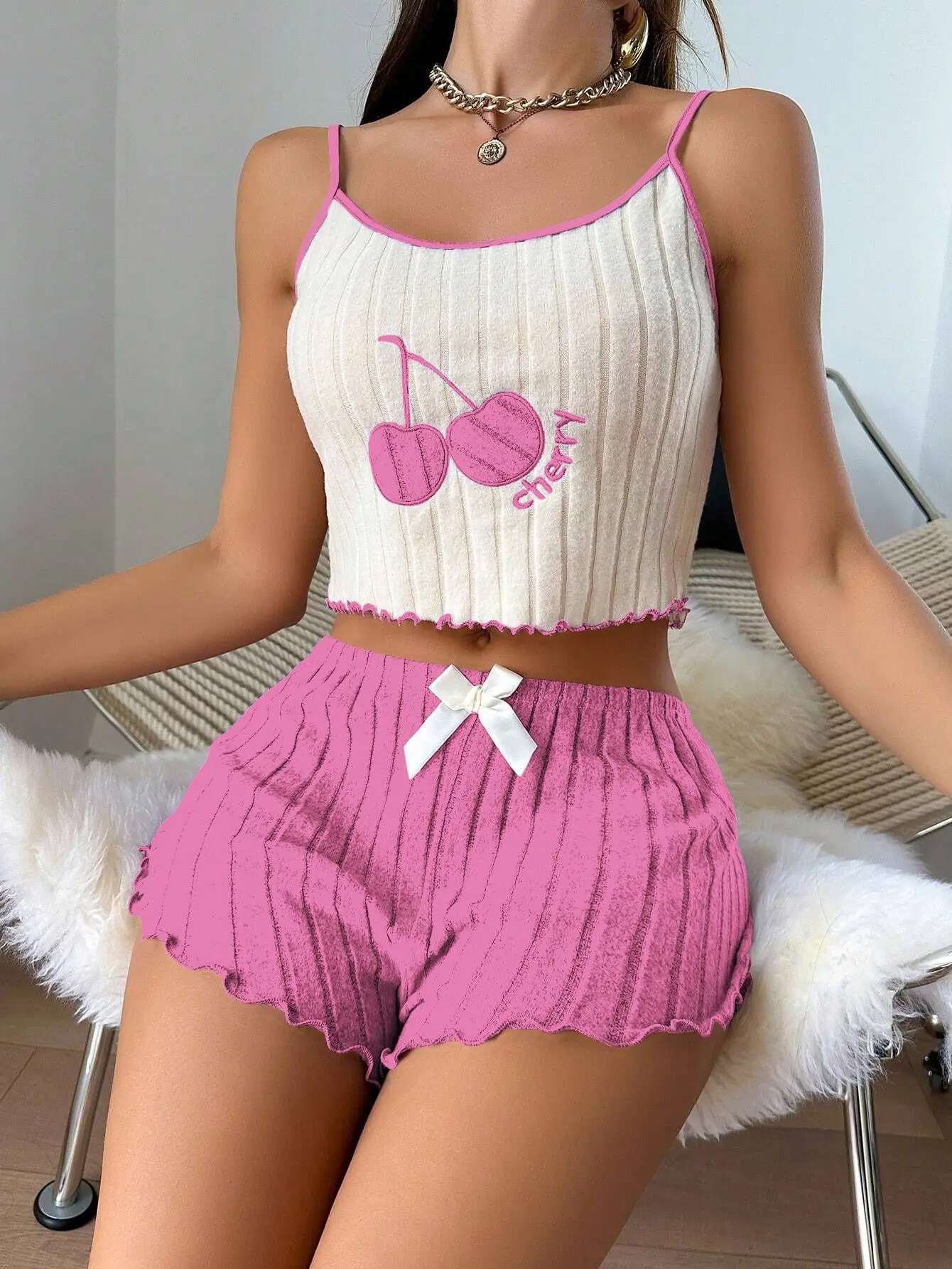 New Womens Summer Brushed Pajama Set Cute Y2K Embroidered Cherry Ribbed Cami Top Ruffle Shorts Two Piece Loungewear Sleepwear