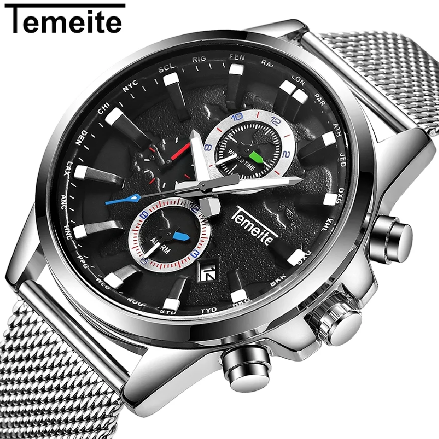 

TEMEITE 2023 New Mens Watches Top Brand Luxury Sport Quartz Watch 3ATM Waterproof Men's Mesh Strap Wristwatch Relogio Masculino