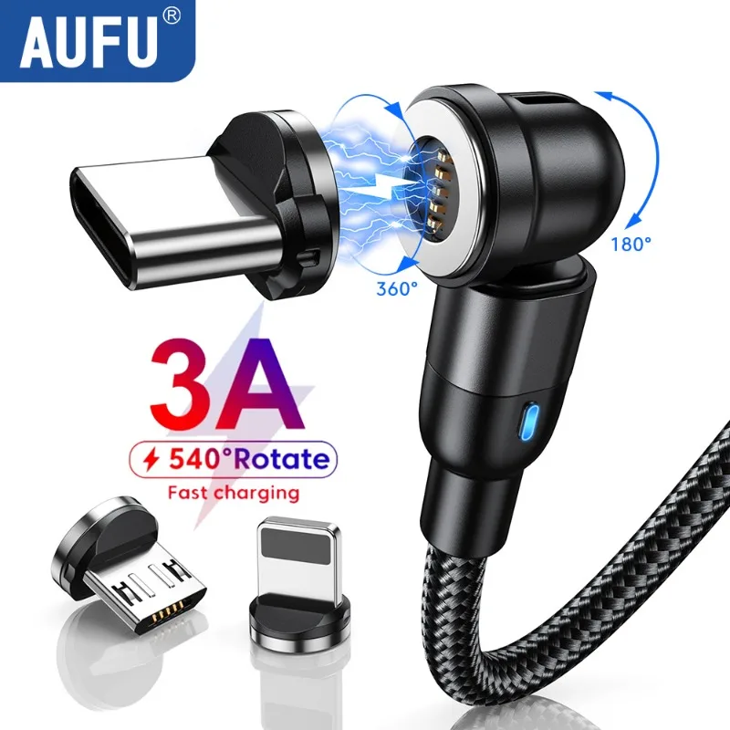 AUFU 540Rotate Magnetic Type C Cable 3A PD Fast Charging Micro USB Type C Cable For iPhone Xiaomi Magnet Charger Phone Data Cord
