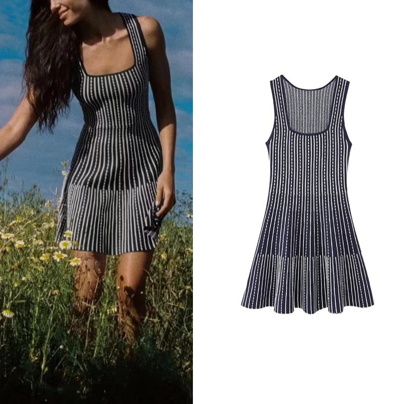

Casual Knitted Chic Women Dress Black Striped Square Collar Cami Ruffles Mini Dress Fashion 2023 Summer Holiday Dress