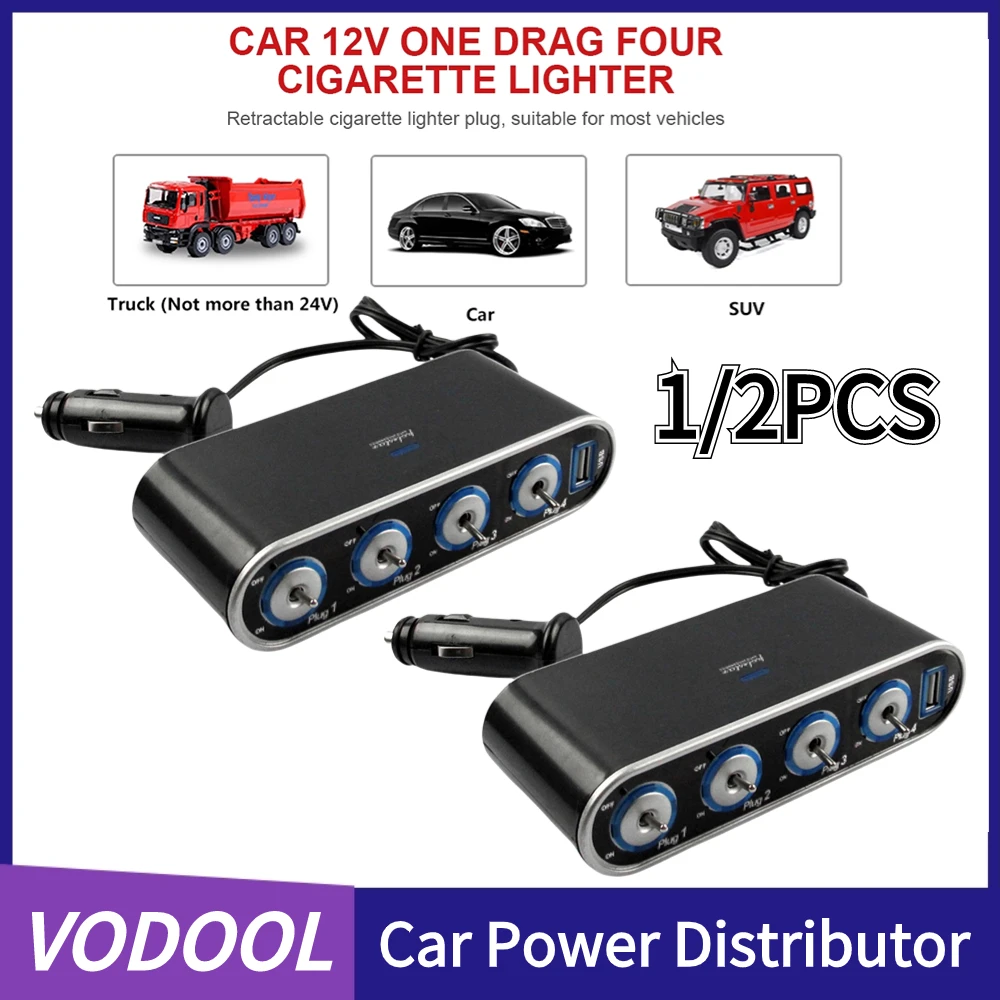 12VCarPowerDistributor4WayCigaretteLighterPlugSocketUSBPort