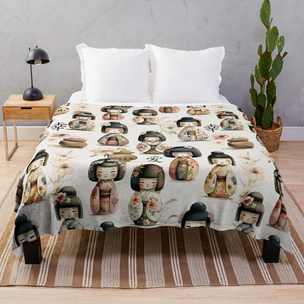 

Kokeshi Doll Watercolor Pattern Throw Blanket Decorative Sofas wednesday Blankets