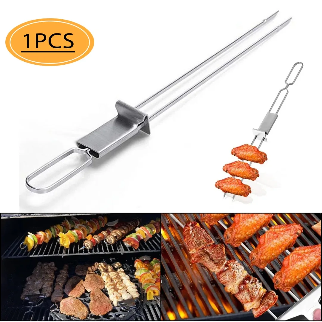 

2 Way Grill Skewers Metal Grilling Skewers Stainless Steel Grilling Sticks With Push Bar 2 Prong Skewer Bbq Stick Kebab