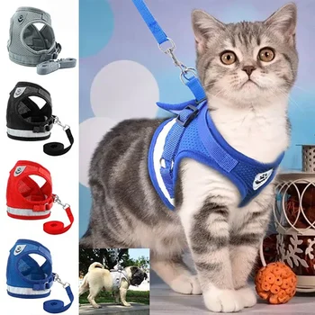 개 고양이 반사 하네스 애완 동물 가죽 끈 두꺼운 개 조끼 가슴 로프 세트, 강아지 통기성 견인 벨트 개 훈련 액세서리