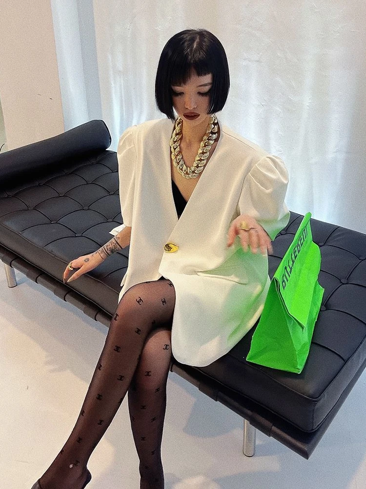 Loose Korean Sle Women's Suit Casual Versatile Bubble Sve V-Ne Button Summer Top Faion Commute Polyester