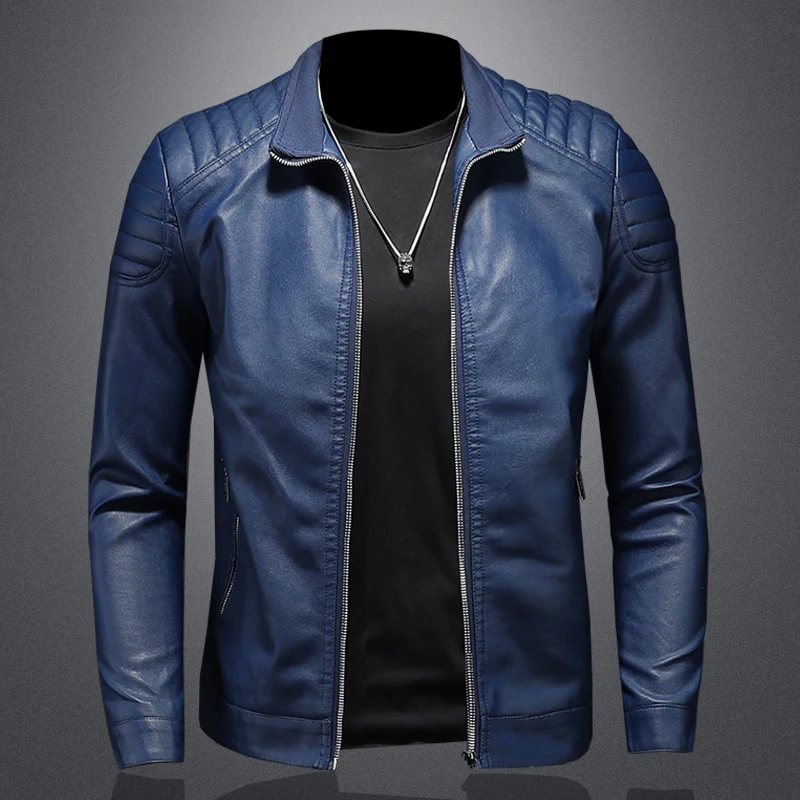 Men standing collar Jacke, leather motorcycle jacket men,bomber leather coat.fashion trend personalized leather winter clothing