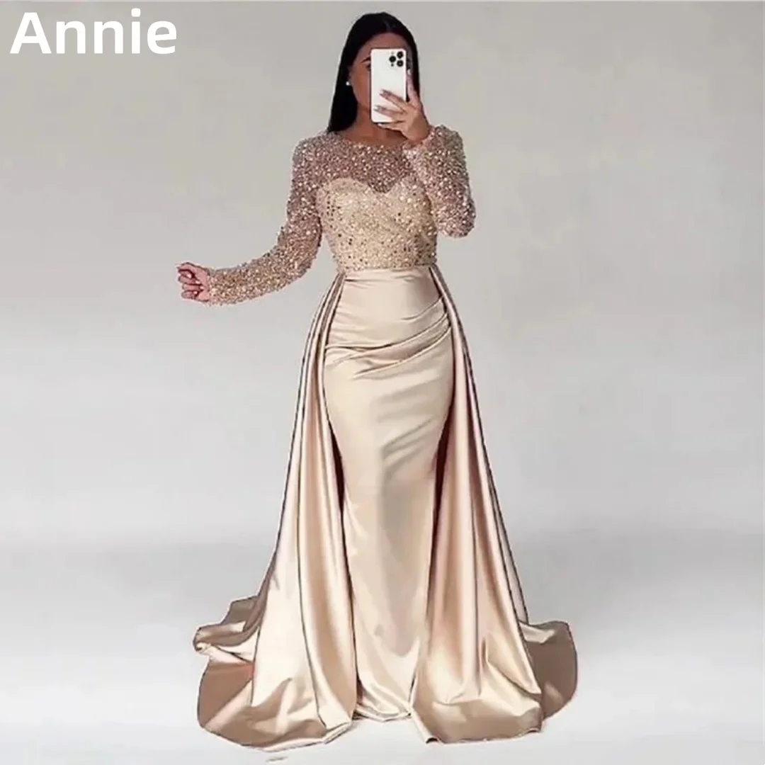 

Annie Lady Elegant Prom Dresses Satin Fishtail Evening Dress فساتين السهرة Luxurious Beaded Sequins Wedding Party Dresses
