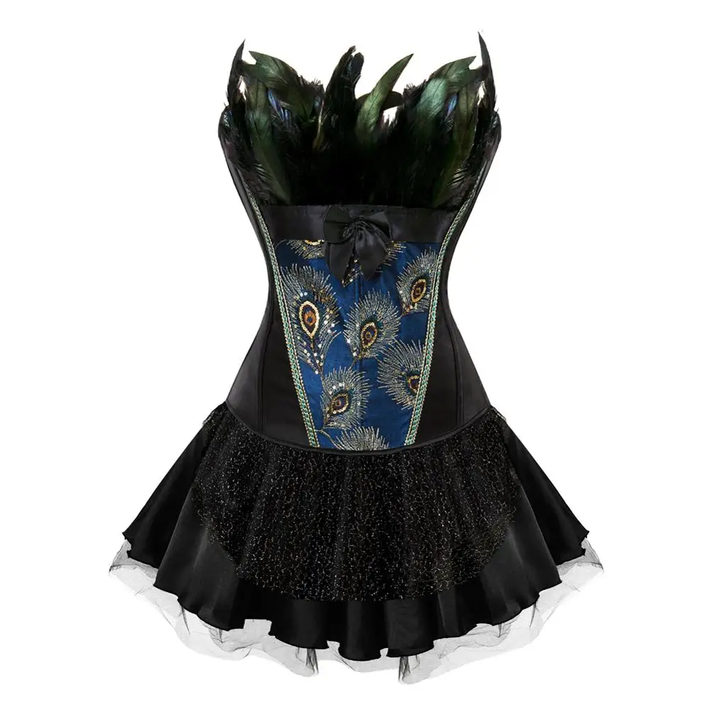 

Gothic Corset Skirt Steampunk Peacock Feather Bustiers Set Embroidery Satin Boned Cosplay Party Dresses Corsage Sexy for Women