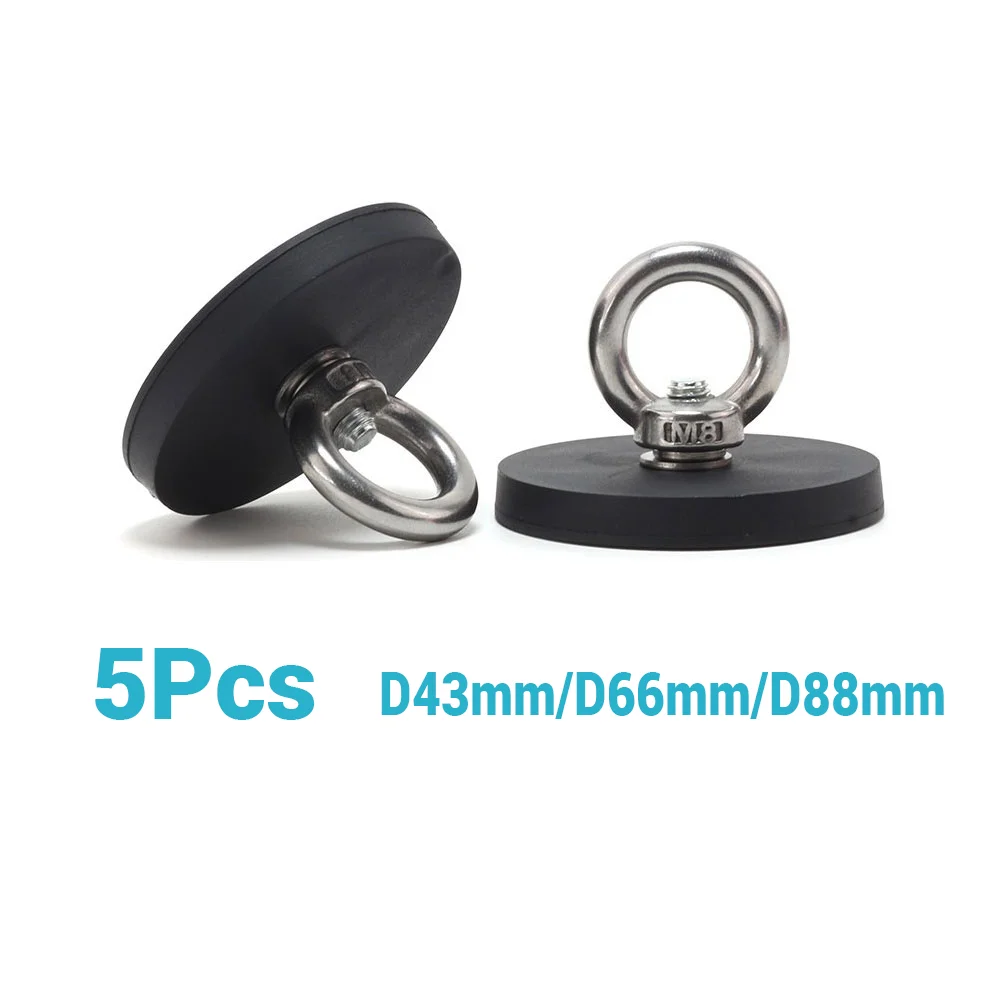 

5Pcs D43mm/D66mm/D88mm Rubber Coated Lifting Ring Magnet Round Super Strong Neodymium Magnet For Salvage Fishing Magnetic Hook