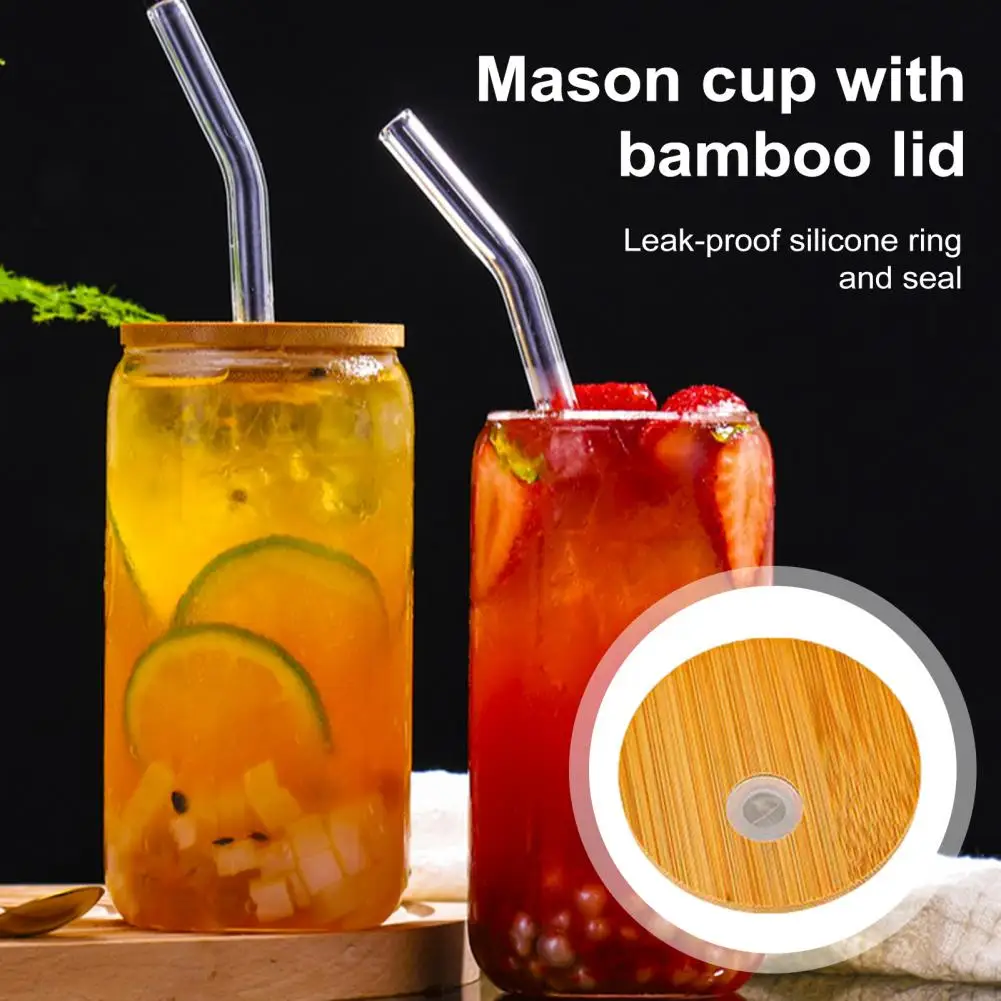 4 Pcs Bamboo Lid With Straw Hole Silicone Seal Lid 2.76inch Canning Lid Regular Mouth Jars Replacement For Beer Glasses Cup Tool