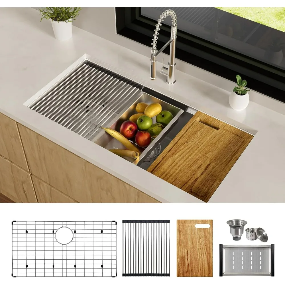 36 inch Workstation Kitchen Sink,Undermount Deep Single Bowl, 16 Gauge Stainless Steel with Integrated Ledge