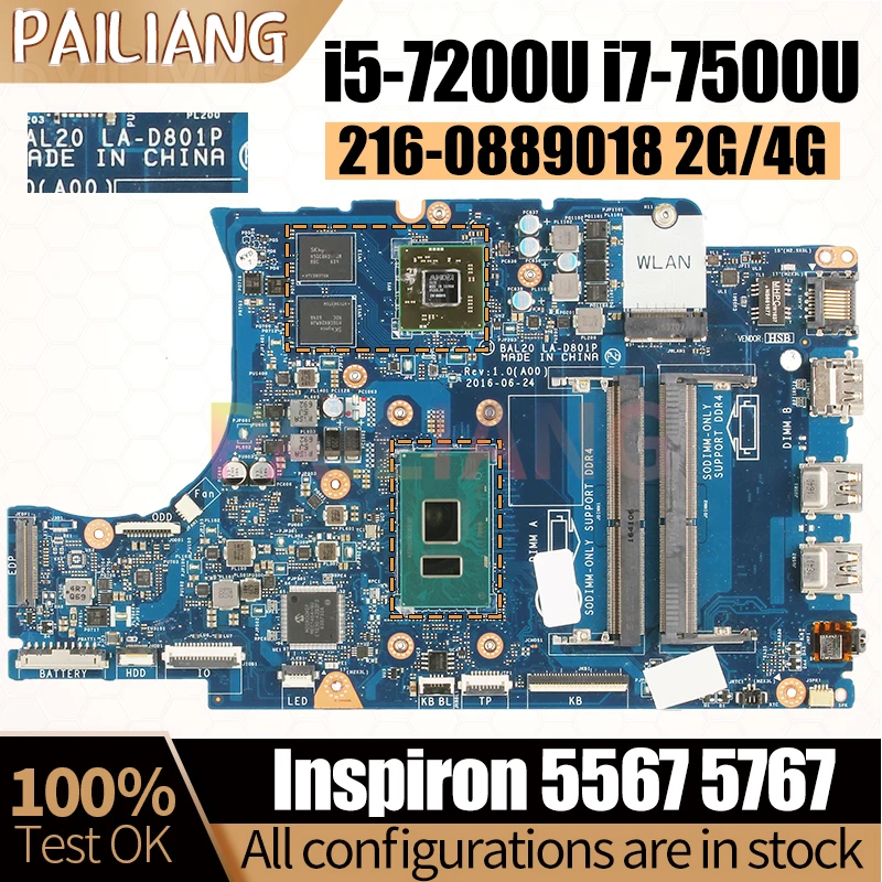 Laptop Motherboard LA-D801P For Dell Inspiron 5567 5767 Notebook i5-7200U i7-7500U 216-0889018 2/4G