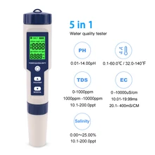 

Professional PH Meter Pen 5 in 1 TDS/EC/PH/Salinity/Temperature Meter Digital Water Quality Monitor Tester for Pools Aquarium