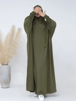 2025 Women Abaya Caftan Muslim Ramadan Prayer Clothing With Hooded Solid Casual Batwing Sleeve Arab Robe Eid Islamic Long Dress