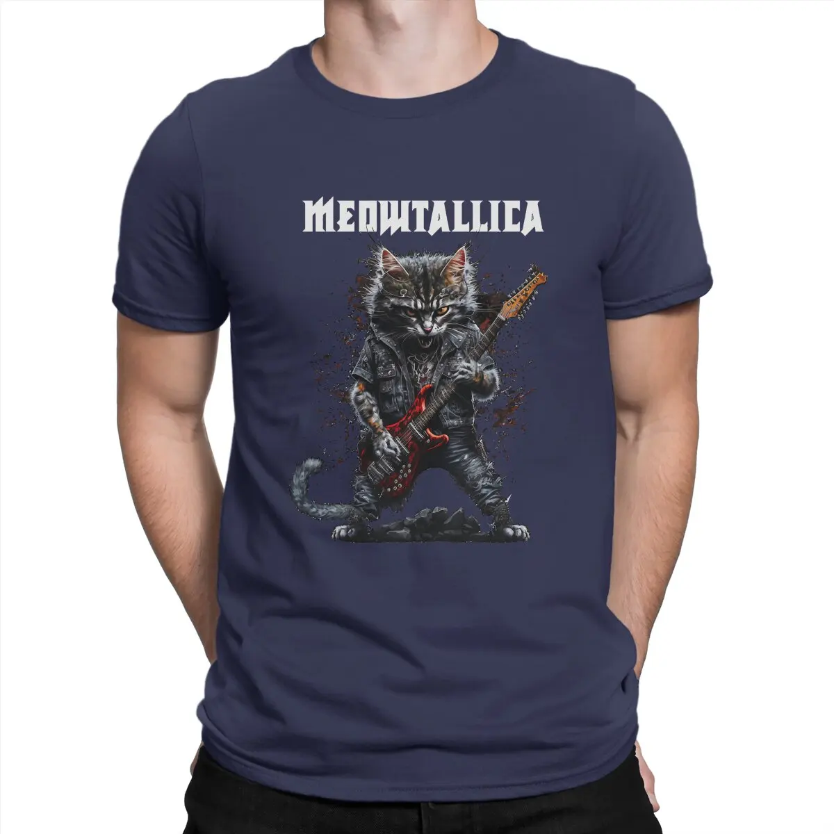 thumbnail image 1 of Camiseta Meowtallica para hombre, diseño de gato mental pesado, de algodón, creativa, cuello redondo, manga corta, 1 of 7