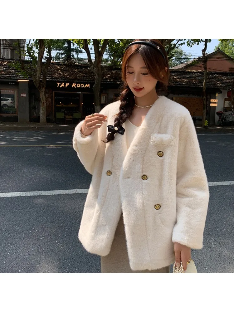 Women\'s Coat Winter New Fur One-piece Mink Fur Coat V-neck Casual Slimming Thickened Warm Coat Woman Clothing Winter Jackets