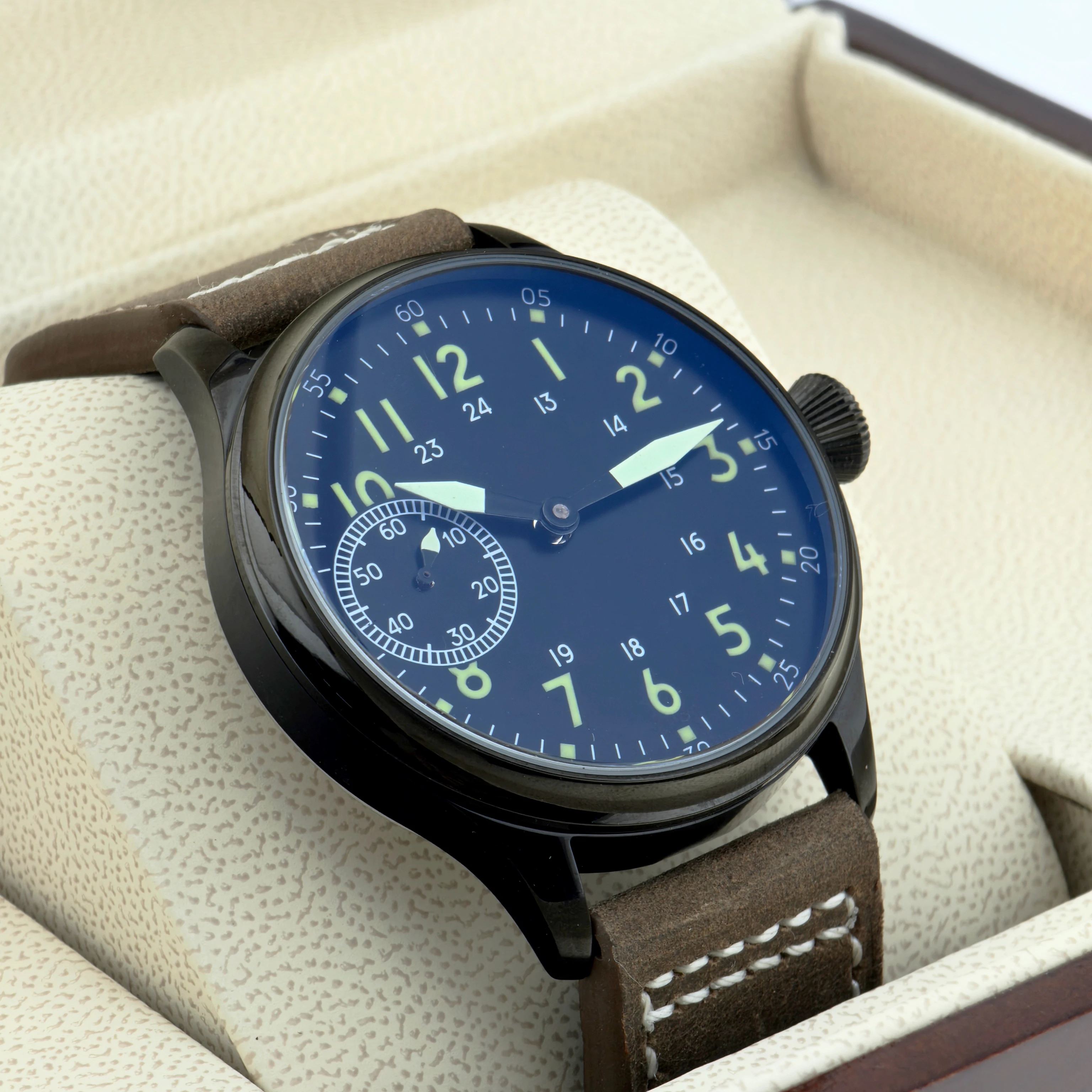 CORGEUT 44mm Men's Leather Luminous Mechanical Hand Winding Watch 17 Jewels ST3600 Movement Sport Wristwatch