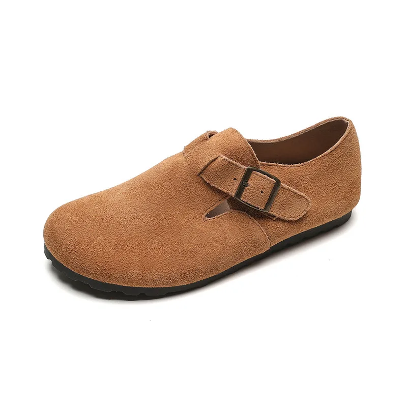 2024 neue Damen-Winter-Outwear aus echtem Leder mit Plüschschuhen, flacher Sohle, One Step Milard Retro-Bucken-Einzelschuhe mit weicher Sohle_voghion.com