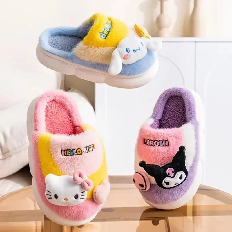 

Sanrios Cinnamoroll Children Slippers Anime Figure Winter Kids Shoes Parent-Child Anti-Slip Plus Velvet Keep Warm Kawaii Cartoon
