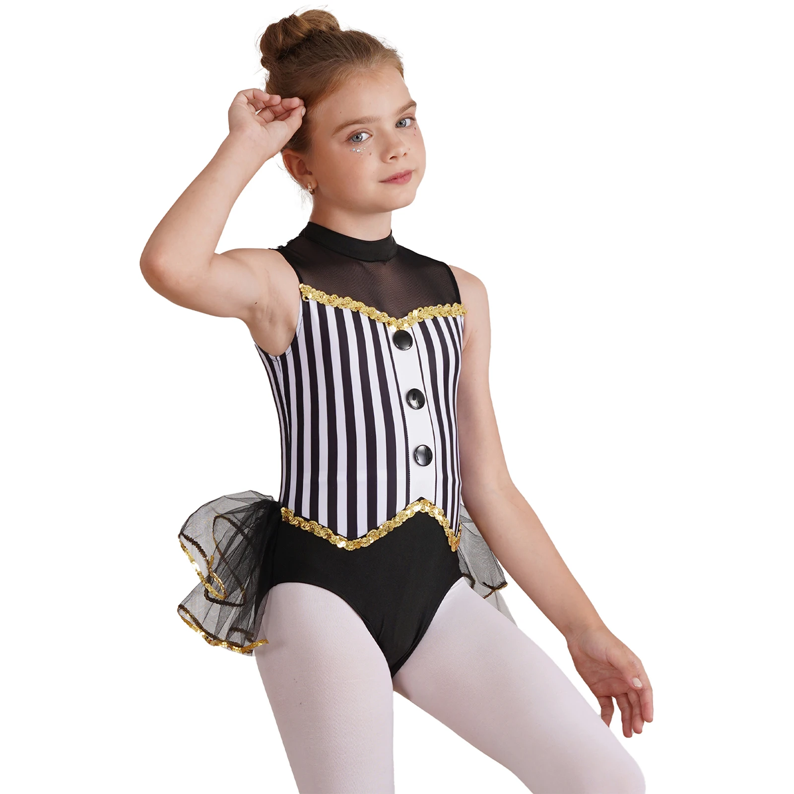 Kids Girls Sequins Jazz Dance Leotard Trim Mock Neck Latin Performance Open Back Striped Tulle Skirted Bodysuit