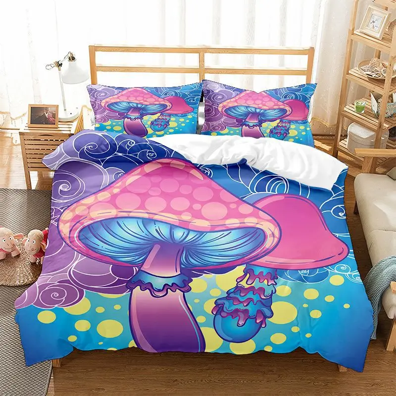 Mushroom Kids Duvet Cover Set King/queen Size,Cartoon Trippy Colorful Fantasy Mushroom Soft Bedding Set for Girl Teen,black Pink shabby chic bedding Bedding Sets