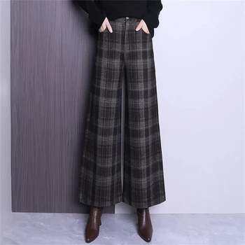 Autunno Inverno Donna Plus Velluto Addensare Pantaloni scozzesi di lana Tasche elastiche in vita Pantaloni larghi alla caviglia alla moda 1