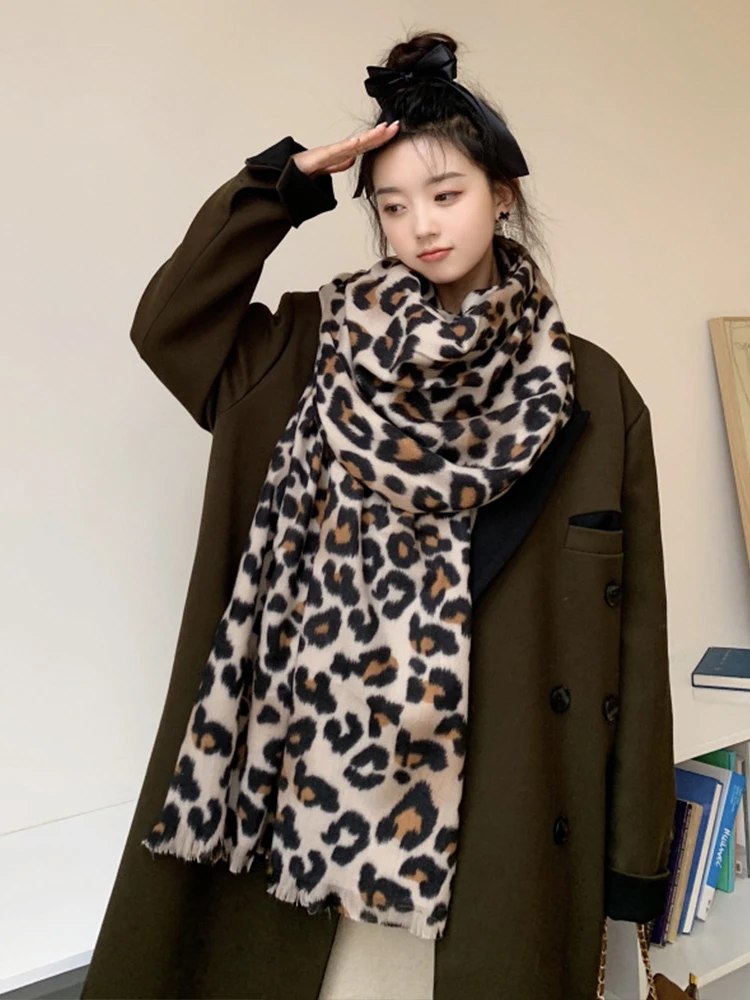 Elegant Imitation Cashmere Women Retro Leopard Print Winter Double Sided Scarf Warm Lady Female Thick Blanket Long Wrap Shawl 5