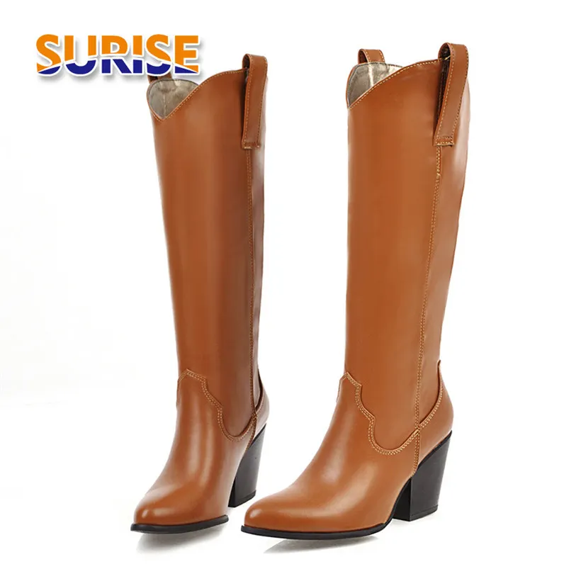 

Winter Women Knee High Boots Black Brown White PU Cowboy Pointed Toe Square Block Heels Casual Party Fur Lady Long Western Boots