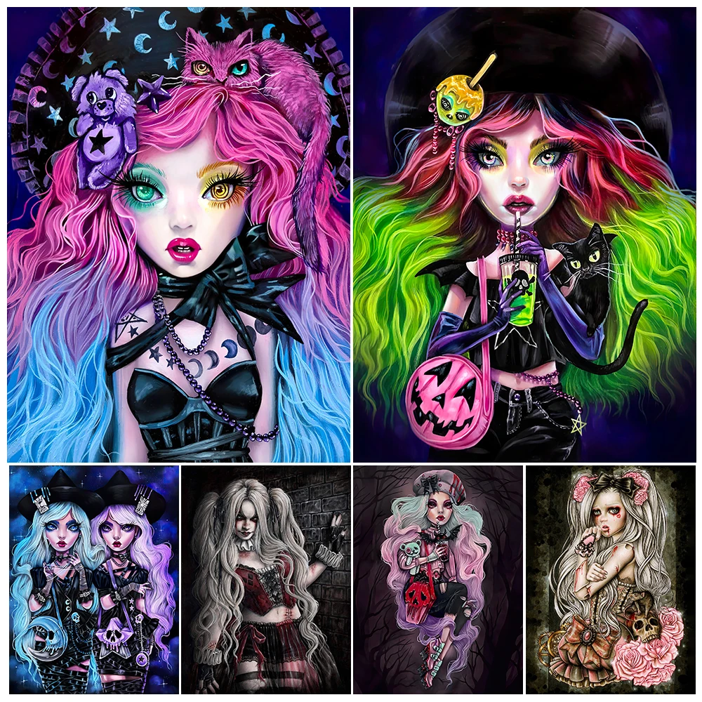 

Cute Little Witch Gothic Wall Art Canvas Painting Mysterious Dark Girl Art Poster And Print For Living Room Decoration Unframed