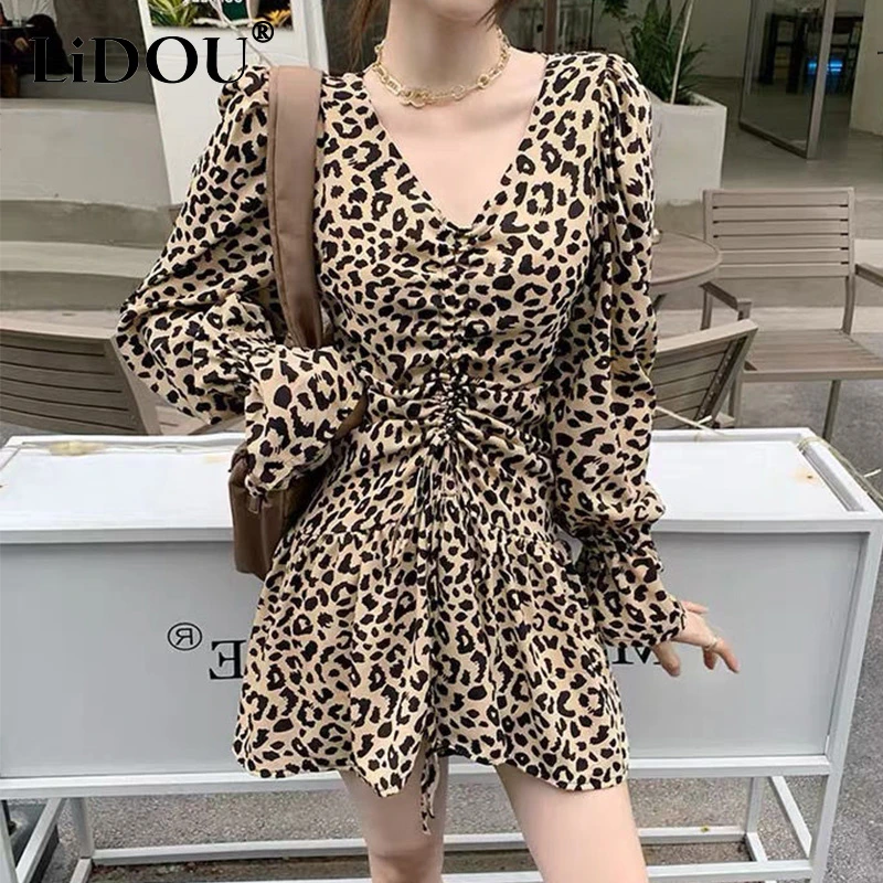 Spring Summer Leopard Print Drawstring Sexy Mini Dresses Women V neck Long Sleeve A line Dress Fashion Casual Vestido| | - AliExpress