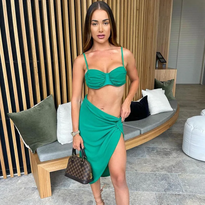 Melphieer 2022 Summer Holiday Beachwear Women's Fashion Two-piece Suit Off-the-shoulder Kink Split Dress 1 top + 1 sarong shein bathing suit cover ups