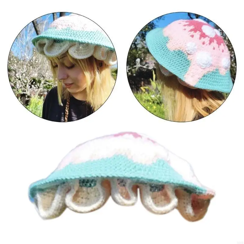 Häkeln Pilz Eimer für Frauen Atmungsaktive Soft Dome Mädchen Winter Herbst Warme Gestrickte Kopfbedeckung – Detail 10